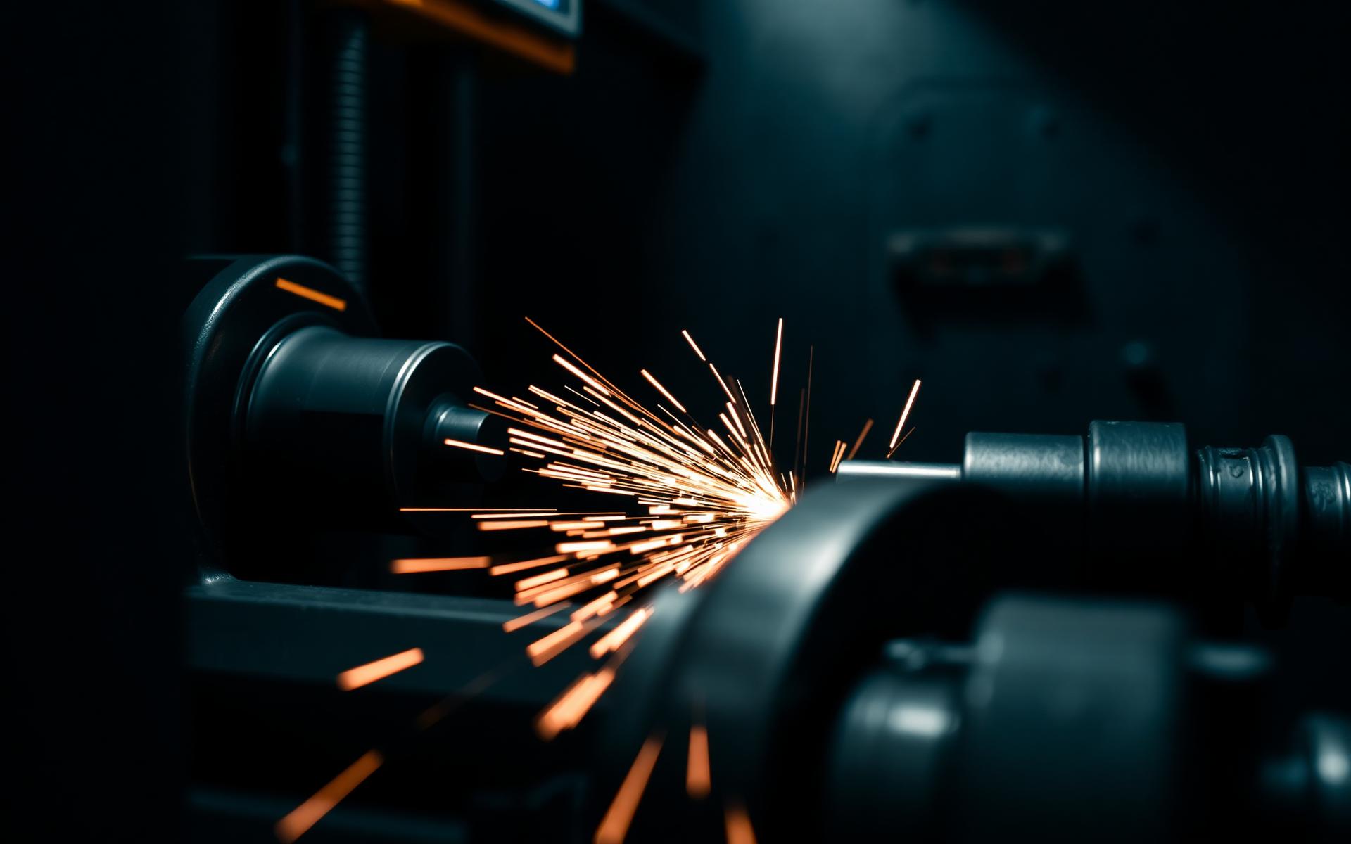 Torno industrial mecanizando una pieza metálica con chispas